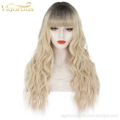 Three Tone Color Ombre Synthetic Wig Non Lace Middle Part Natural Wavy Long Hair bang Cheap Supplier Women Wig Heat Resistant